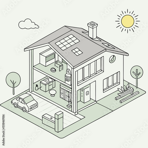 Isometric illustration of a modern two-story house with solar panels representing sustainable living and family home concept