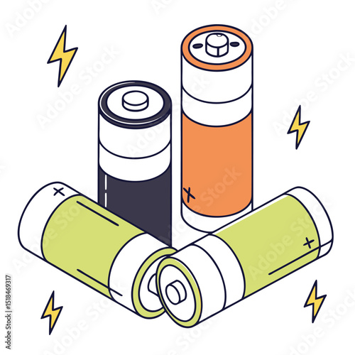 Isometric illustration featuring a collection of batteries in various colors with energy bolt graphic elements