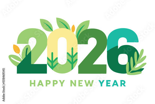Happy New Year 2026 Nature Theme Minimalist Green Design with Leaves on White Background.