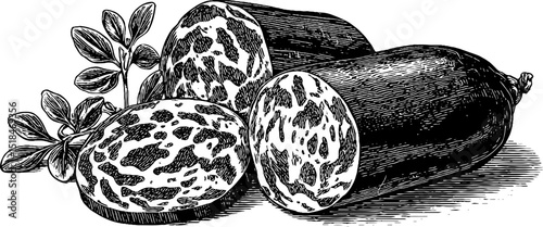 Engraved illustration of mortadella and mortadella sausages with herbs for culinary design