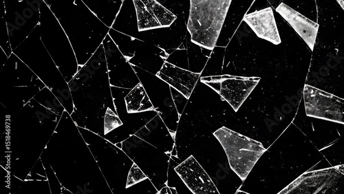 Dark Shattered Glass Texture with Isolated Broken Pieces on Black Background for Horror Designs and Dramatic Visual Effects