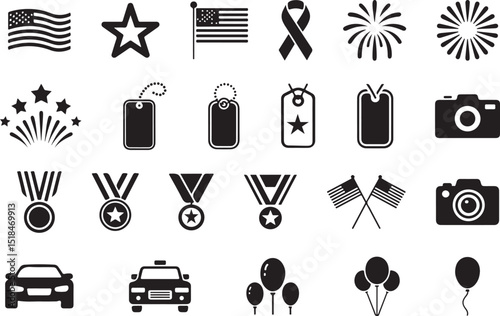 Patriotic Celebration and Achievement Icon Set in Black Silhouette vector