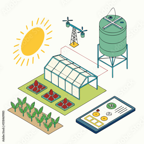 Smart agriculture concept illustration showing greenhouse irrigation drone and farm management on a digital tablet