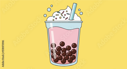 Cute Bubble Tea with Tapioca Pearls and Smiling Face
