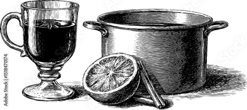 Engraved illustration of mulled wine glass with citrus and spice for seasonal design