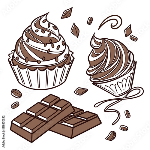 Chocolate cupcakes and milk chocolate bar illustration