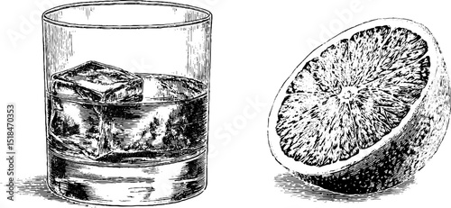 Classic negroni cocktail and orange slice engraved art for beverage design