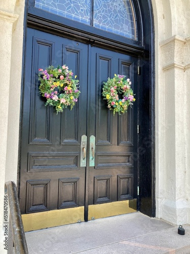 entrance to the church with flower wreaths