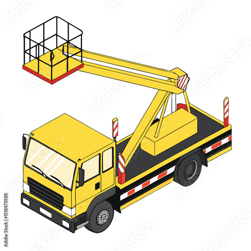 Isometric view of a yellow boom lift truck for construction and maintenance work