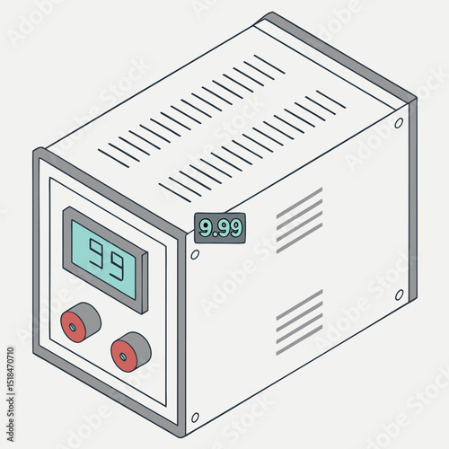 Isometric illustration of a digital power supply unit with display and control knobs for electrical engineering