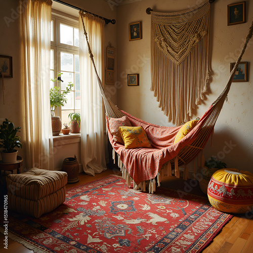 
A bohemian living room featuring a hammock chair and macramé wall decorations. Colorful cushions and vintage rugs create a free and unique atmosphere.