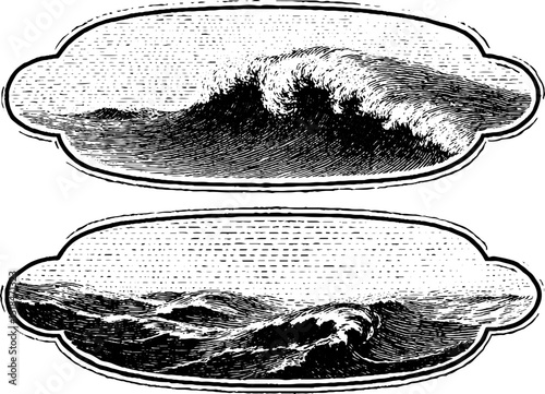 Elegant engraved ocean wave banners for nautical design and decoration