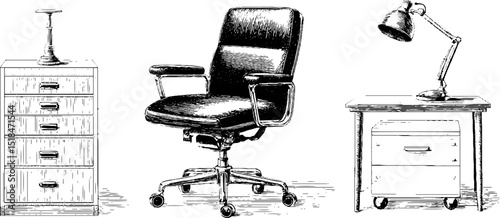 Vintage office furniture illustration set: engraved desk chair, file cabinet, and table lamp design