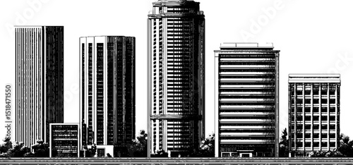 Detailed engraved style illustration of urban office buildings