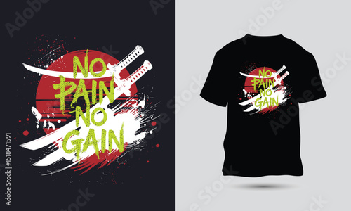 Motivational slogan, no pain no gain, grungy typography t-shirt design template