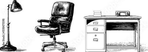 Vintage engraved office furniture set with chair, desk, and lamp design