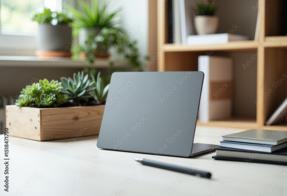 Modern closed laptop on a clean desk with plants and books in the background Modern closed laptop on a clean desk with plants and books in the background