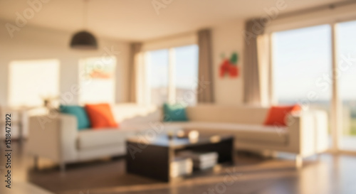 a modern blur background living room with a large, comfortable sectional sofa, framed artwork, and abundant natural light creating an inviting atmosphere 34