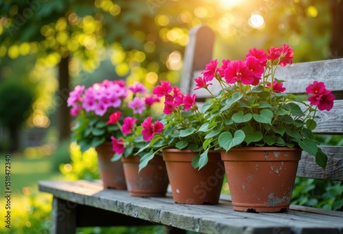 Wallpaper Mural Bright pink and purple geraniums in terracotta pots on a garden bench with sunlight filtering through trees Torontodigital.ca