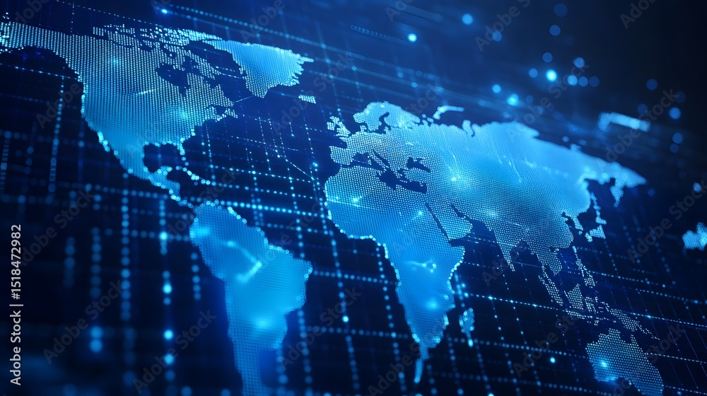 Digital world map in blue with grid lines and glowing dots representing global connections and data flow Digital world map in blue with grid lines and glowing dots representing global connections and data flow