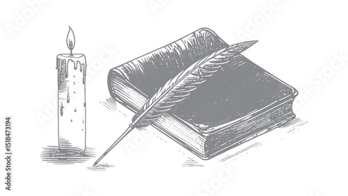 Still life composition candle, book and feather.
