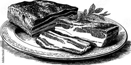 Engraved culinary art of pancetta slices with herb garnish on elegant plate