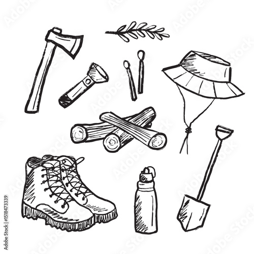 Travel equipment for camping, hiking in black brush stroke texture isolated on white. Hand drawn vector sketch illustration in vintage charcoal ink. Trekking boots, thermos, panama hat, matches.