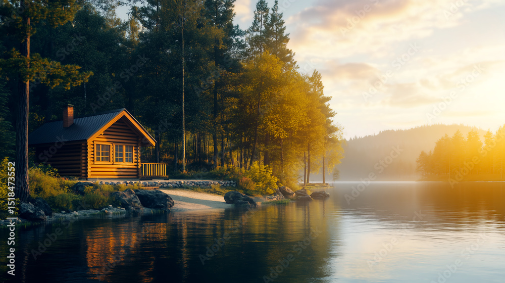 Fototapeta premium Cozy log cabin by the tranquil lake at sunset surrounded by lush greenery and mountains