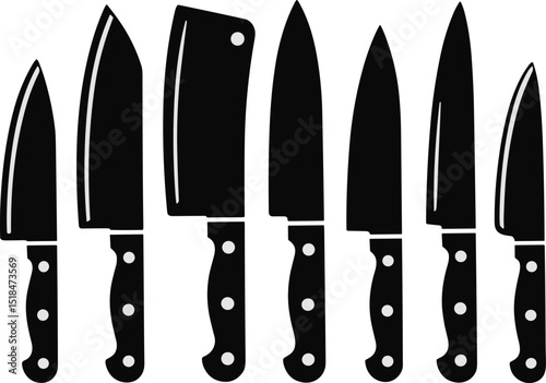 Collection of silhouetted kitchen knives displaying different styles and cutting edges on a white background