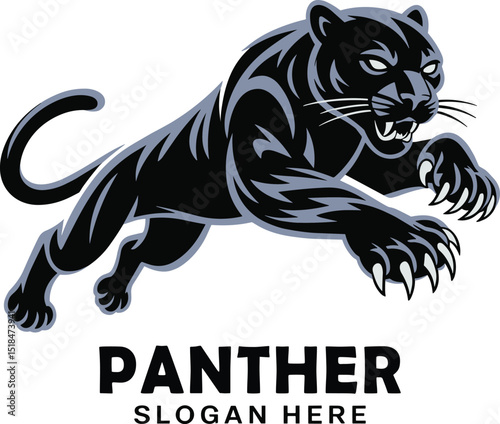 Powerful black panther mascot design in dynamic leap position ready to pounce symbol