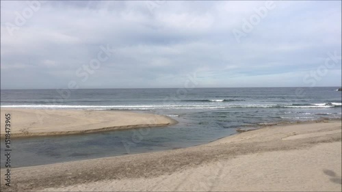 Timelapse video of the mouth of the river Ancora, in the city of Ancora Praia in the north of Portugal, spring morning with clouds in the sky