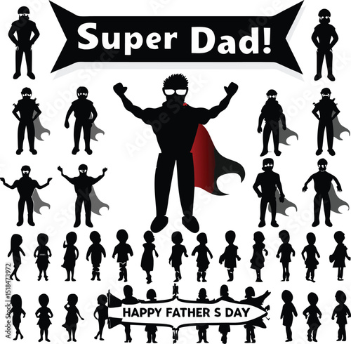 Super dad celebration graphic featuring superhero silhouette with children happy father's day design concept
