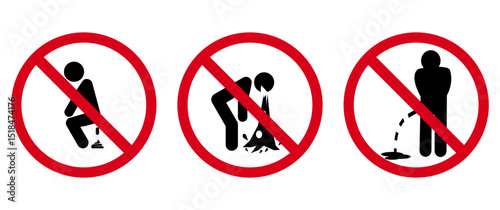 No Urinating Defecating or Vomiting Here Signs Set, Public Hygiene Prohibition Symbol