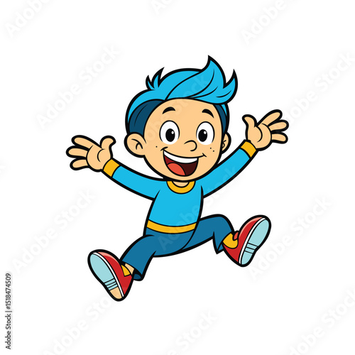 Playful cartoon boy jumping in place outlined vector illustration