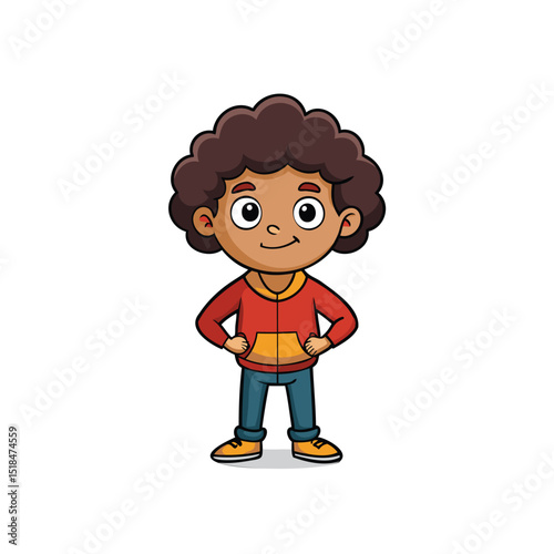 Curly haired cartoon boy with hands in pockets vector illustration
