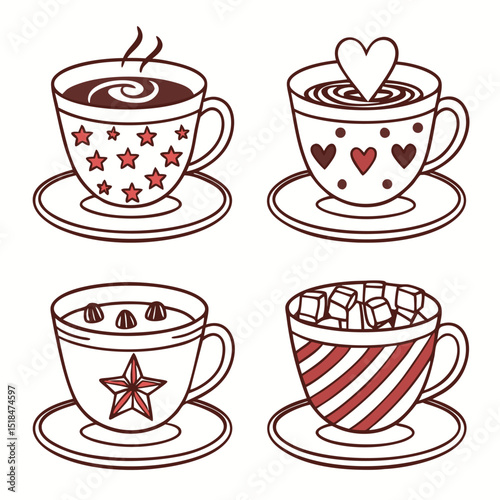 Four cute illustrated coffee cups with saucers