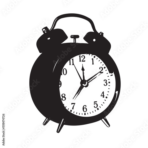 Black and white vintage alarm clock illustration
