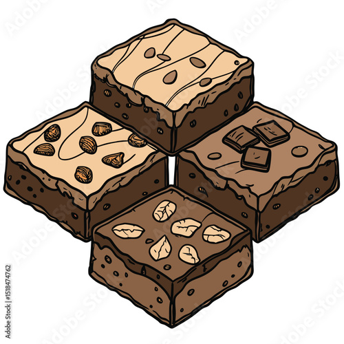 Four delicious brownie squares with nuts and chocolate