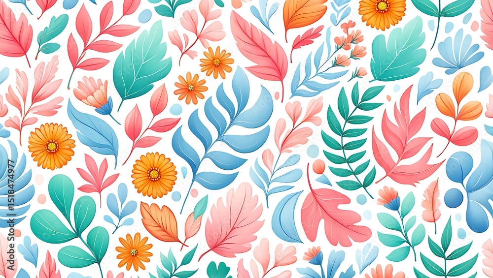Fototapeta premium Vibrant Floral Pattern A Colorful Seamless Design of Leaves and Flowers