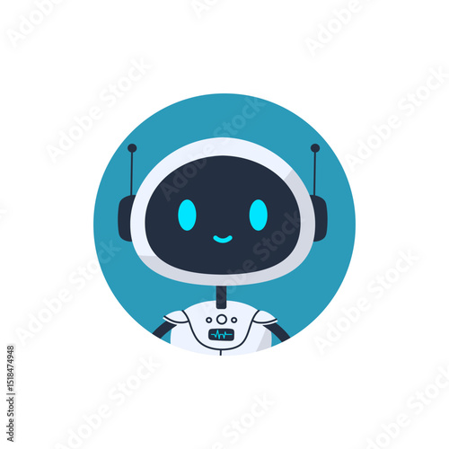 Cute smiling robot avatar icon in a blue circle. Flat vector illustration of a futuristic chatbot character with antennas. Perfect for AI assistant or tech profile
