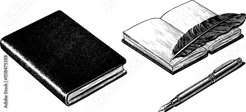 Vintage engraved illustration of journal, open book with quill, and fountain pen for stationery design