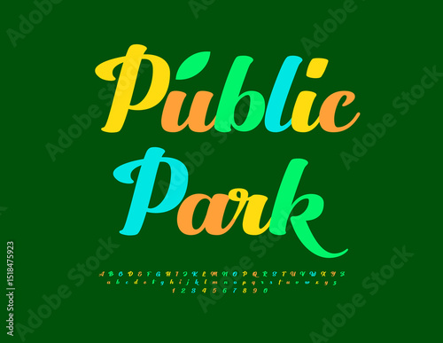 Vector Holiday emblem Public Park. Stylish Cursive Font. Bright Colorful Alphabet Letters and Numbers set.