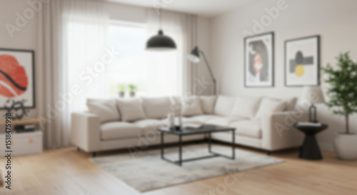 a modern blur background living room with a large, comfortable sectional sofa, framed artwork, and abundant natural light creating an inviting atmosphere 3