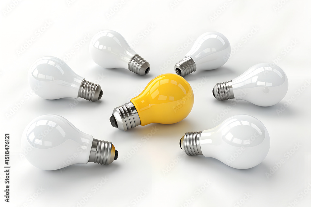 A group of white light bulbs surrounds a single yellow light bulb on a white surface A group of white light bulbs surrounds a single yellow light bulb on a white surface