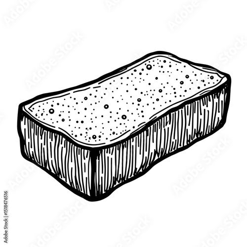 Textured hand drawn sponge for washing dishes with rectangular shape and porous surface. Concept of kitchen cleaning and hygiene - homecare - scrubbing
