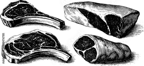 Engraved illustration set featuring pork chops and cuts for culinary design projects