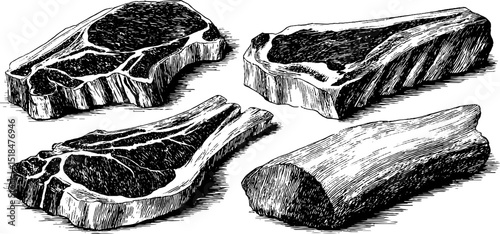 Engraved illustration set of pork chop and pork ribs for culinary design