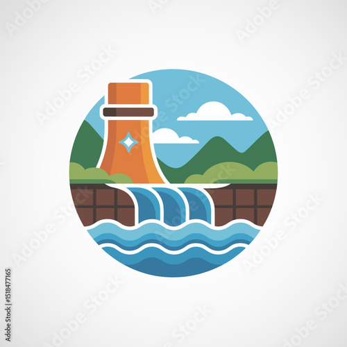 Hydro power icon, Water energy plant icon, Hydroelectric power station symbol