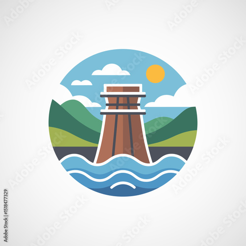Hydro power icon, Water energy plant icon, Hydroelectric power station symbol