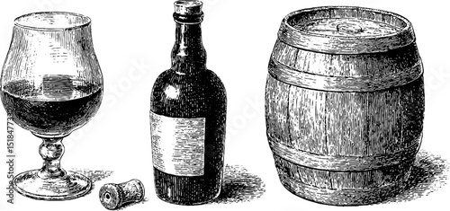 Vintage wine collection: engraved port wine bottle, glass, and barrel illustration for design use